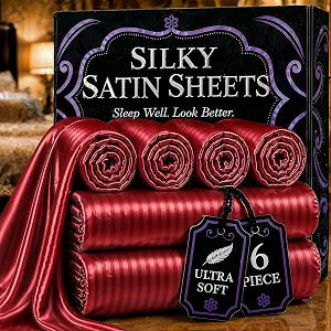 DECOLURE Satin Bed Sheets - 6 Piece Luxury Silky Queen Size Bedding Set - Softer Than Silk, Wrinkle-Free with 15��� Deep Pocket Fitted Sheet, Perfect for Hair & Skin, Gifts for Women (Striped Red-01)