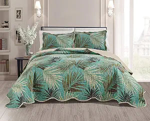 Masterplay 2-Piece Fine Printed Tropical Palm Leaves Quilt Set, Bedspread Coverlet Twin/Twin XL Size Bed Cover (Sage, Aqua, Brown, Khaki)