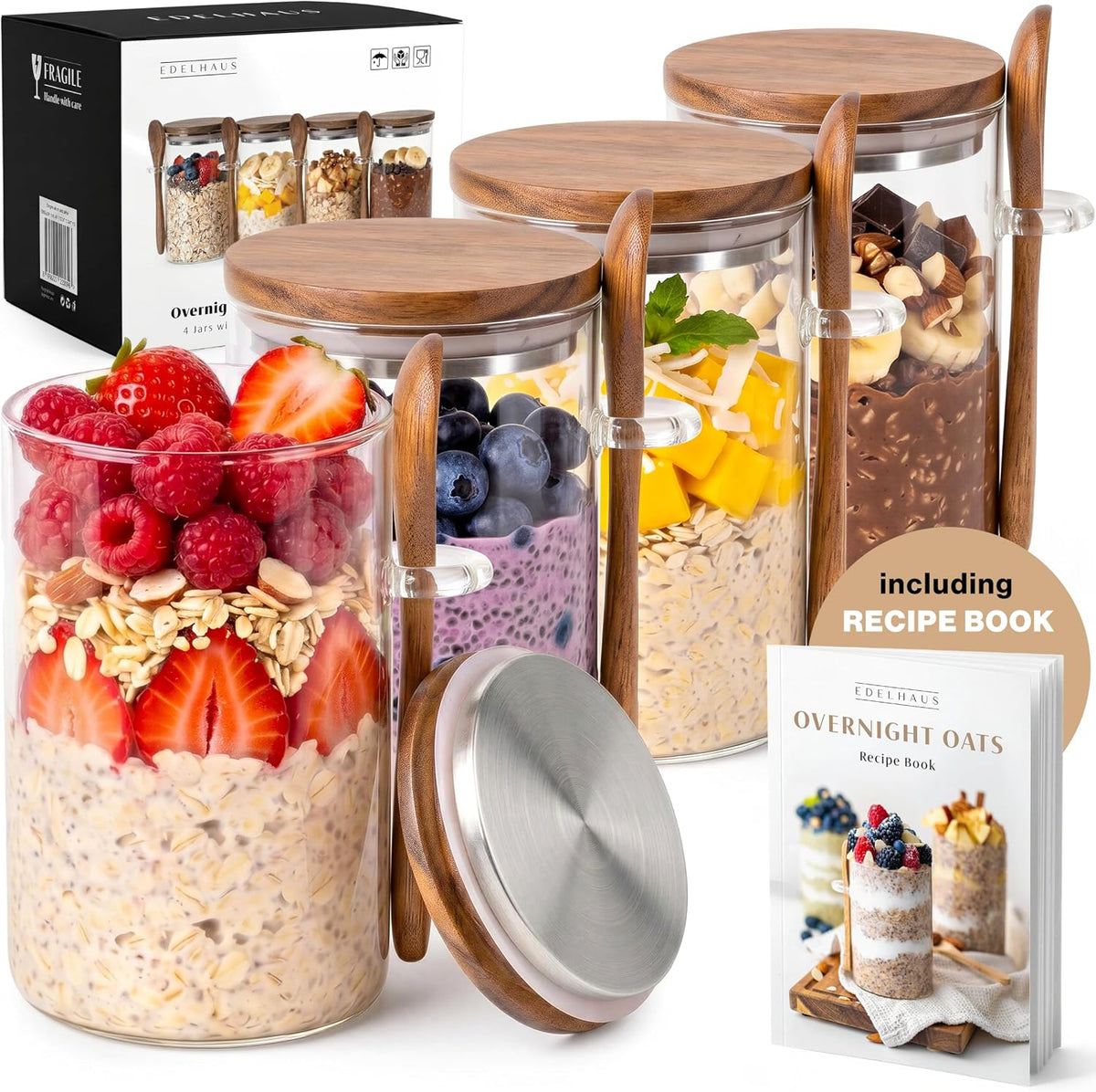 EDELHAUS Overnight Oats Containers with Lids - Glass Mason Jars, Meal Prep