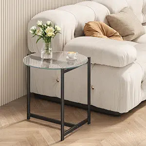 16 Inch Round Glass Coffee Table End Table with Sturdy Black Metal Frame