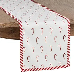 SARO LIFESTYLE Peppermint Collection Candy Cane Print Table Runner, 16" x 54", Red