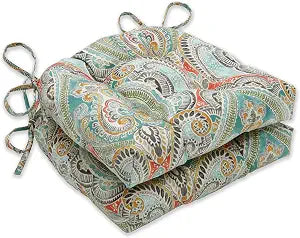 Pillow Perfect Paisley Indoor/Outdoor Chairpad with Ties, Reversible, Tufted, Weather, and Fade Resistant, 15.5" x 16", Blue/Multi Pretty, 2 Count