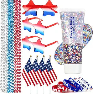4th of July Outfits for Women, Red White and Blue Face Body Glitter Gel, 9Pcs Necklaces, 6Pcs Silicone Bracelets, 4 Mini USA Flags, 3 Pairs Star Sunglasses Set for Veteran Patriotic Outfits
