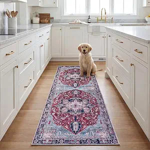 SAFAVIEH Washable Rug Tucson Collection - 2'6' x 10' Runner, Red & Navy, Slip Resistant & Easy to Clean, Ideal for Living Room, Bedroom, Dining Space (TSN108Q)