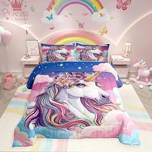 Girls Twin Rainbow Unicorn Bedding Set - 2 Pcs, Pink Star Rose Floral Quilt Comforter, Unicorn Room Decor