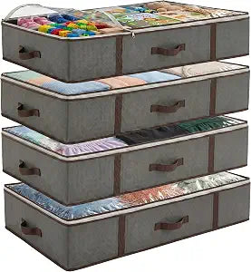 Underbed Storage Bags 4-Pack - Foldable Under Bed Storage Organizer for Clothes, Bedroom Blankets, Comforter, Pillows, Linen Sheets, Towels, Sweaters, Shoe Drawers - Ideal for College Dorms (Grey)