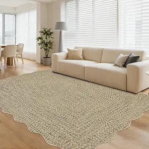 Garvee Scalloped Printed Rug - Washable Rug 4x6 Farmhouse Braided Print Non Slip Neutral Carpets, Low Pile Non Shedding Floor Covering, Soft Thin Foldable Mats for Nursery Dining Room, Natural