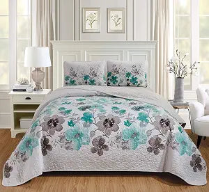 Home Collection 3pc Full/Queen Over Size Bedspread Floral Turquoise Brown Flowers Print 100" X95" New