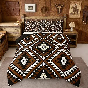 Rustic Western Twin Size Comforter Set For Men,Southwestern Aztec Bedding Set Bohemian Quilt Comforter Ethnic Mexican Geometric Diamond Duvet Insert Brown Black White Farmhouse Room Decor 2 Pcs