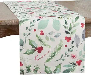 SARO LIFESTYLE Sara B Collection Christmas Foliage and Candy Canes Table Runner, 16"x120", Multi