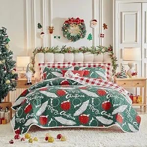 Christmas Quilt Set King Size 101x88 - Green White Feathers Red Balloon n Red Plaid Merry Christmas - Xmas New Year Gingham Style Microfiber Winter Bedding Coverlet Thanksgiving Holiday Bedspread
