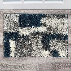 Rugshop Modern Boxes Distressed Shag Plush Soft Area Rug Navy 2' x 3'