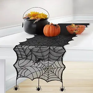 Crawling Halloween Spider Lace Table Runner, Black - 13"W x 70"L