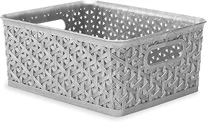 Whitmor Small Woven Plastic Storage Basket with Built-In Handles, Gray