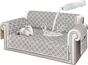 ALIECOM 100% Waterproof Loveseat Covers for 2 Cushion Couch Sofa Slipcovers Love Seat Couch Covers Washable Printed Non Slip Furniture Protector with Pockets for Dogs (Medium, Flowers Gray & Cream)