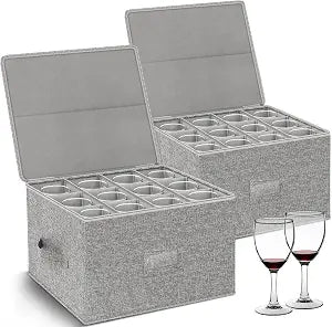 Wine Glass Storage Box with Dividers, 2-Pack Stemware Storage Containers w/Hard Shell Top Sides Bottom, Stackable Moving Boxes w/ Sturdy Handles for 24 Glassware Crystal Glasses Drinkware, 9.2'' Tall