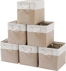 MidmmVick 11 x 11 Inch Cube Storage Bins, 6 Pack Large Collapsible Fabric Storage Bin with Ropes, Foldable Storage Cubes for Home, Office,Closet, Clothes, Toys Organizer (White & Beige-11"x11"x11")