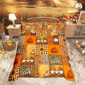 Castle Fairy Fall Pumpkin Duvet Cover Set Full Size,Autumn Maple Leaves Geometric Plaid Quilt Cover with 2 Pillowcases,Sunflower Patchwork Rustic Farmhouse Breathable Bedding Set(NO Comforter), Soft