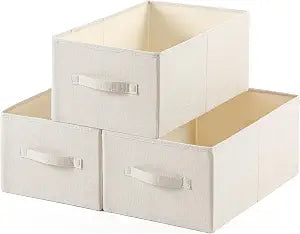 Linen Folding Storage Bins, 3 Pack Large Storage Baskets, Washable, Clothing Storage Bins with Handle, Closet Organizer for Storage Sweater,Sheets(Beige, 18"x11 x8)