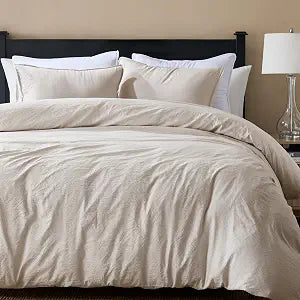 WDCOZY Beige Queen Size Jacquard Duvet Cover Set with Zipper Closure, Modern Washed Soft Striped Bedding, Textured Seersucker Like Cotton Linen, 1 Duvet Cover and 2 Pillow Shams, No Comforter