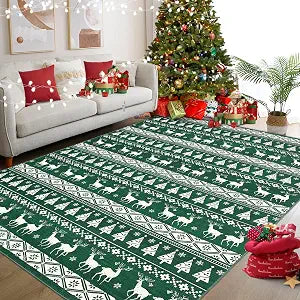 GarveeHome Christmas Green Area Rug 4x6 Washable Snowflake Holiday Decor Office Carpet Xmas Non Slip Decorative Low Pile Boho Mat for Bedroom Entrance Dining Room Kitchen Festival Xmas for Farmhouse