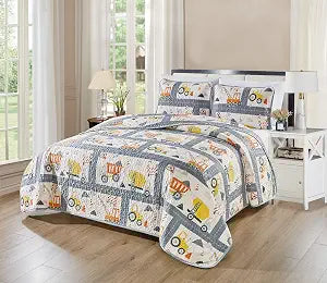 Linen Plus Bedspread Set Kids/Teens Construction Crane Vehicles Work Trucks Cement Tractor Concrete Mixer White Grey Yellow Orange Black New # Orange Crane (Full/Queen)