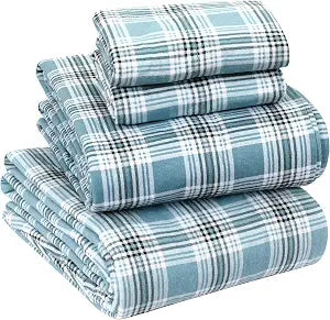 Sleepdown 100% Cotton Flannel Sheets Queen Size - Super Soft, Heavyweight, Double Brushed, Anti-Pill Flannel Queen Sheets - 16" Deep Pocket Queen Fitted Sheet X2 Side Pockets (Queen, Green Plaid)