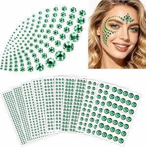 Face Gems Stickers, 2102pcs Self-Adhesive Green Hair Rhinestones
