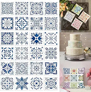 24 Pack Scroll Tile Stencils, 4 Inch Reusable Moroccan Scroll Tile Stencils for Painting Floors, Walls, Furniture, Crafts, Cake Decorating - Azulejo Tile Pattern Templates for DIY Home Decor & Baking