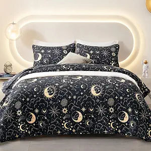 EXQ Home Quilt Set Full Queen Size Black Print Black Sun Starry Pattern