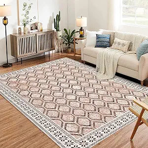 GarveeHome Modern Moroccan Area Rug, 3x5 Machine Washable Rug Carpet, 3x5 Stain Resistant Non-Slip Ultra-Thin Print Rug for Living Room, Bedroom, Kitchen, Dining Room, Office, Brown Beige