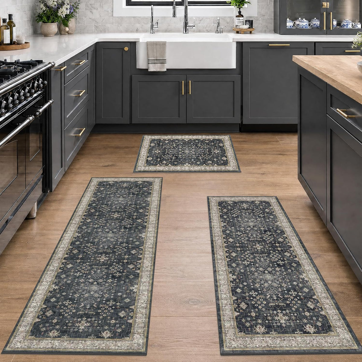 JTJ Kitchen Rugs Set of 3, Black Boho Vintage Washable Non Slip Mats