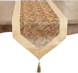SARO LIFESTYLE Metallic Holly Ribbon Table Runner - Festive Holiday Table Runner for Christmas Dining Tables, Seasonal Entertaining, and Elegant Holiday Tablescapes, 16"x120", Gold