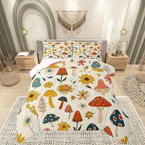 Castle Fairy Retro Mushroom Flowers Comforter Set Twin Size,70s 60s Groovy Quilt Set for Kids Boys Bedroom Collection,Vintage Boho Plant Floral Polyester Bedding with 1 Pillowcase,2Pcs
