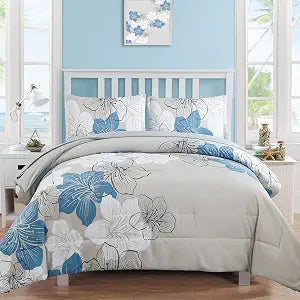 Luxudecor Floral Comforter Set Queen Size, Blue Floral Comforter and Sheet Set, 7 Pieces Bed in a Bag Soft Microfiber Complete Bedding Sets for All Seasons 90"��90"