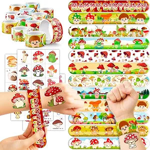 Cherisnowy 72PCS Mushroom Party Favors, Temporary Tattoos & Slap Bracelets