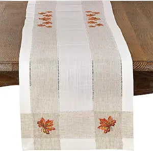 SARO LIFESTYLE 2231.I1570B Hommage Brod Collection Embroidered Table Runner With Leaf Hemstitch Design 15" x 70" Ivory