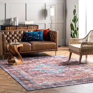 nuLOOM SpinClean Zena Rust/Blue, 2' x 3', Vintage, Soft and Cozy, High Traffic, Stain Resistant, Easy Clean, Durable, Machine Washable Area Rug for Bedroom, Living Room, Dining Space, Entryway