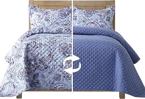 Elegant Comfort 3PC Quilted Reversible Coverlet Set, Cal King, Paisley Blue