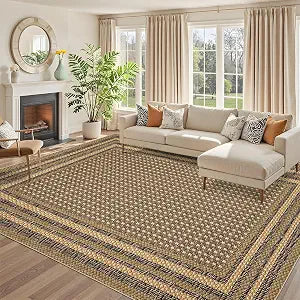 GlowSol 5x7 Washable Rugs for Living Room Modern Bordered Area Rug Non Slip Stain Resistant Contemporary Indoor Carpet for Office Dining Room Playroom High Traffic Areas Brown