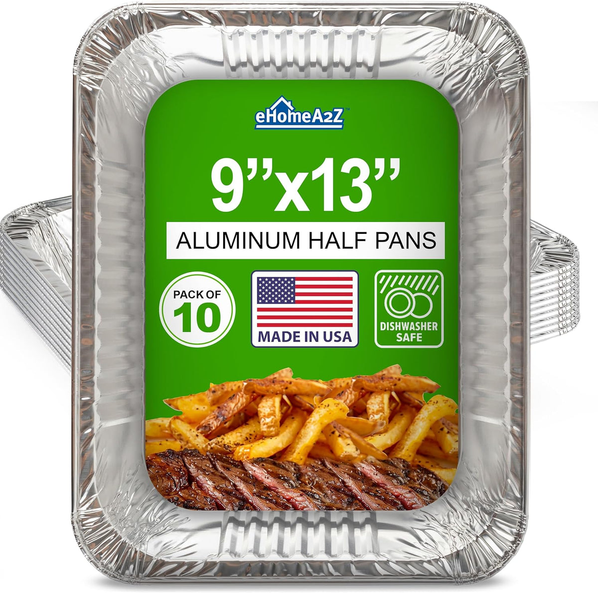 Aluminum Pans Disposable Half Size (10 Pack) - MADE IN USA - 9x13 Heavy Duty Foil Pans, Durable & Recyclable Baking Pans, Eco-Friendly, Lightweight, Great for BBQ, Parties & Catering