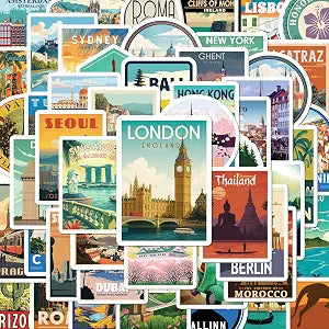 BEATRI World Travel Stickers 50Pcs Waterproof Vinyl Travel Map Decor