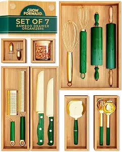 Grow Forward Bamboo Drawer Organizer Boxes - Set of 7 Wooden Drawer Organizers for Kitchen, Bathroom, Office, Desk, Vanity, Makeup - Non-Slip Junk Drawer Organizer Trays for Storage and Organization