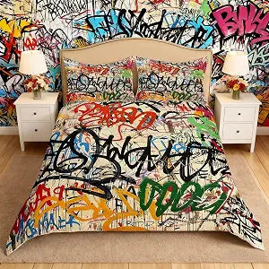 Manfei Graffiti Duvet Cover Set Street Art Hip Hop Bedding Set 3pcs for Kids Boys Girls Modern Fashion Design Comforter Cover Microfiber Bedspread Cover with 2 Pillow Cases(No Comforter) Full Size