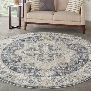 Nourison Home Astra Machine Washable Grey Blue 4' x Round Area Rug - Easy Clean, Non Shedding, Bed Room, Living Room, Dining Room, Kitchen (4' x Round)