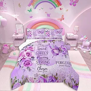 Erosebridal Purple Butterfly Bedding Set Twin Boho Girly Lavender Floral Comforter for Girls Kids Women Inspirational Quotes Duvet Insert Bible Verse Colorful Bohemian Rose Flower Bed Sets