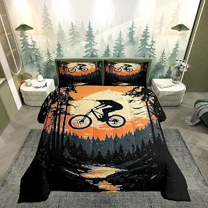 Castle Fairy Bicycle Rider Comforter Set,Boys Mountain Bike Bedding Set Kids Teens Modern Decor,Cool Style Sports Theme Comforter with 1 Pillowcase for All Seasons,Twin