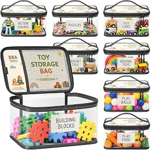 Toy Storage Bags - 8 Pack Clear Toy Organizer Bags with Zipper - Waterproof PVC Storage Bag for Kids Room Organization - Storage for Magnatic Tiles, Puzzle - Toddler Play Room Essentials