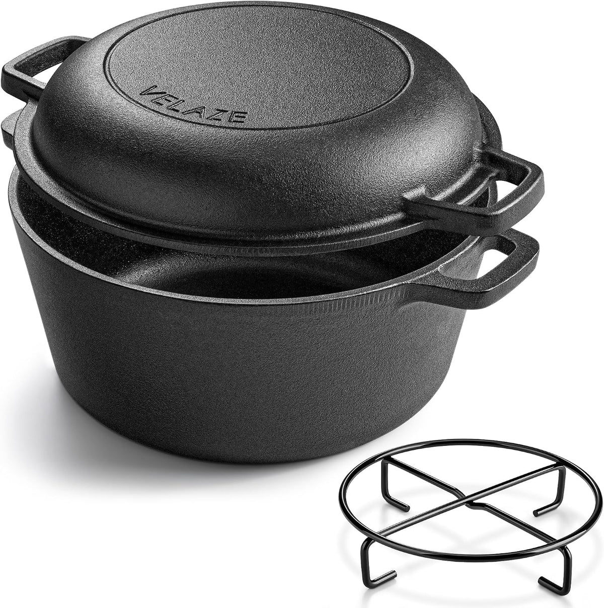 Velaze Cast Iron Dutch Oven with Skillet Lid, 2-in-1 Pre-Seasoned, 5QT