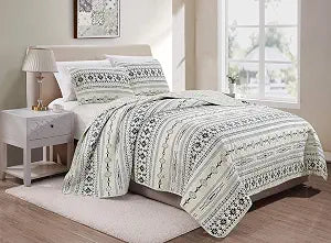 Chezmoi Collection Colby 3-Piece Western Quilt Set - Geometric Tribal Ivory Navy Brown Red Printed Pre-Washed Reversible Microfiber Bedspread Set, King Size